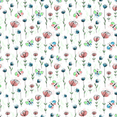 Simple abstract multicolored wildflowers, splashes and butterflies are shown there. Digital art on a white background. Flowers meadow seamless pattern. Floral pattern for home decor and women clothes.