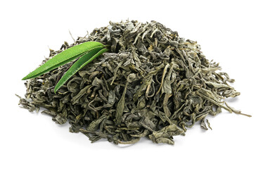 Dry green tea on white background