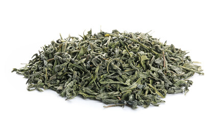 Dry green tea on white background