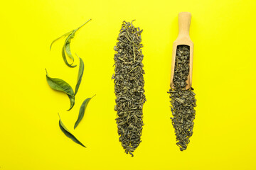 Dry green tea on color background