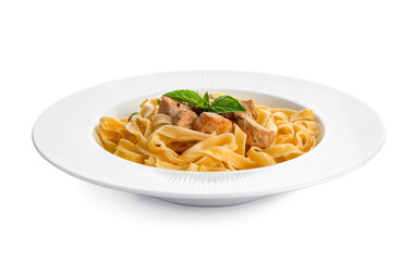 Plate of tasty pasta with chicken on white background