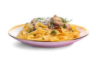 Plate of tasty pasta with chicken on white background