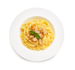 Plate of tasty pasta with chicken on white background