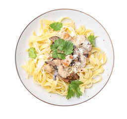 Plate of tasty pasta with chicken and mushrooms on white background