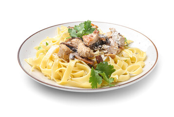 Plate of tasty pasta with chicken and mushrooms on white background