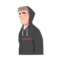 Young Male in Hoody Suffering Because of Lost Love and Heartbreak Vector Illustration