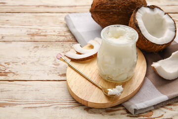 Composition with coconut oil on wooden background