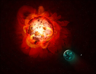 The sun is in the form of a giant red flower with petals as solar prominence and planet earth. Conceptual collage, elements of this image furnished by NASA.
