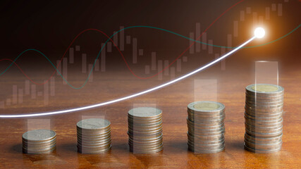 The coins are stacked in heaps of heights with upward direction arrows and business graphs. Business idea