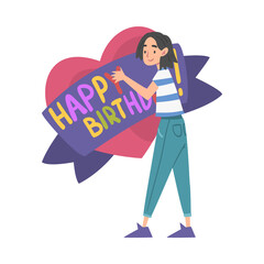 Joyful Girl Holding Huge Heart with Happy Birthday Lettering Cartoon Style Vector Illustration