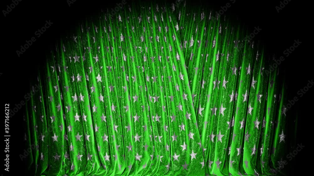 Poster realistic 3d animation of the fancy stars pattern textured green stage curtain rendered in uhd, alph