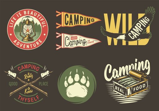 Set of camping and travel emblems or print, patch, including fish in tin can, eagle, bear footprint, flag, lamp and stick with marshmallows
