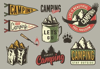 Set of camping and travel emblems or print, patch, including eagle, forest, rock, metal mug, flag, burning match, map and bear footprint