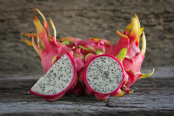 Dragon fruit, pitaya on wooden table.