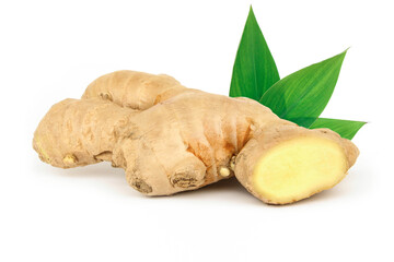 Fresh ginger rhizome isolated on white background.