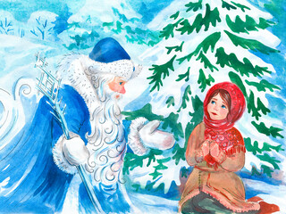 illustration watercolor russian fairy tale morozko, for printing on cards, new year, russian santa claus