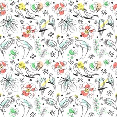 African birds, such as crowned cranes, parrots and toucans are among the African thickets. African birds, leaves and flowers are shown there. Summer tropical seamless pattern.