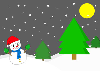 snowman on the white land with cold snowfall on the gradient blue sky with christmas star on pine treee being happy new year