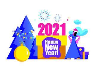 2021 Happy New Year Sale and  Merry Christmas card.
Small people are preparing for holiday.
Modern Cartoon Flat Design Concept for website, Mobile app page, Landing Page.