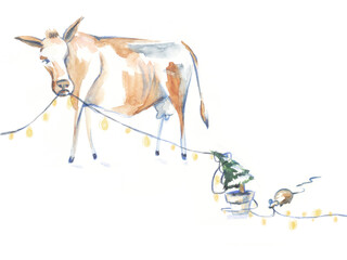 Cow pulling a christmas tree and a mouse. Great for christmas card!