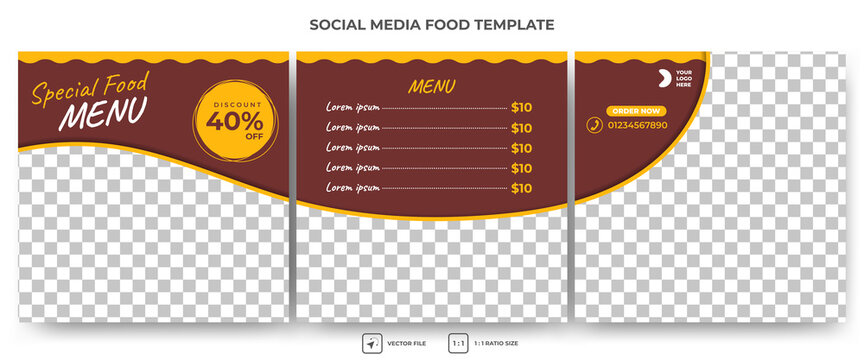 Set of square banner template. Social media food puzzle template with brown background and yellow stripe line. Flat design vector with photo collage. Usable for social media and banner.