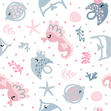 Seamless pattern with fish and seahorses