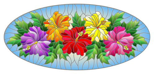 Illustration in a stained glass style with a flower arrangement, hibiscus flowers and leaves on a blue background, oval image © Zagory