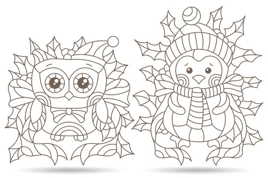Set of contour illustrations in stained glass style with toy owl,penguin and Holly branches, dark outlines isolated on a white background