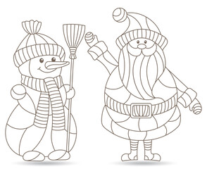 Set of contour illustrations in stained glass style with funny cartoon snowmen and Santa Claus, outline figures isolated on a white background