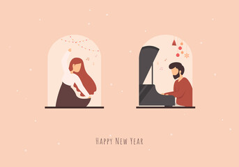 Man playing piano and woman dancing from her window. Social distancing concept. Quarantine New Year card in a covid-19 world. Neighbors at the window.