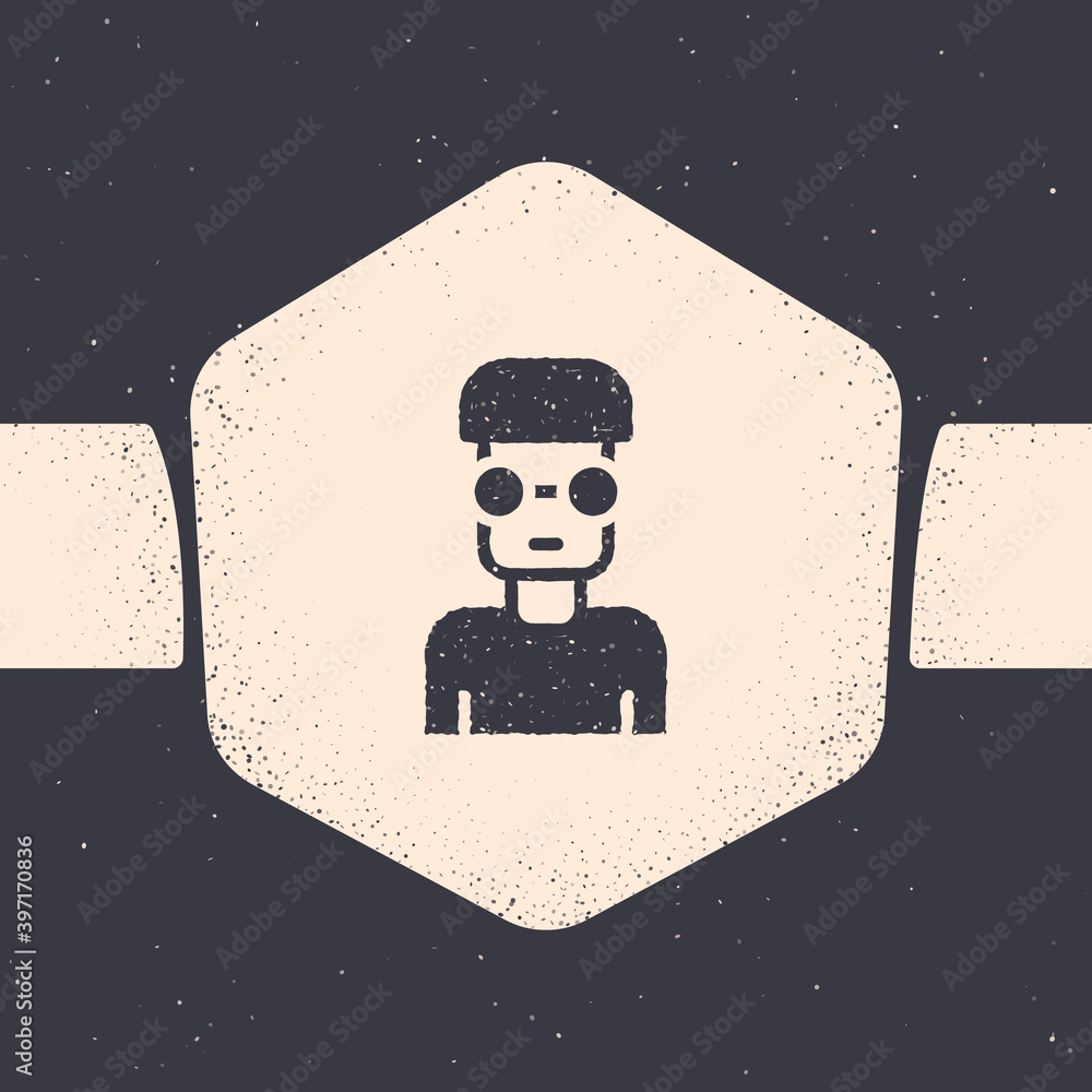 Poster grunge nerd geek icon isolated on grey background. monochrome vintage drawing. vector.