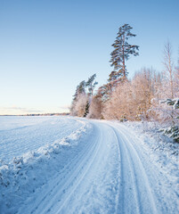 A beautiful, calm winter landscape in the rural area of Latvia, northern Europe. Snow covered nature scenery.