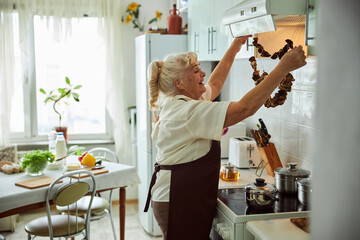 Cheerful old woman checking dried mushrooms in kitchen © Viacheslav Yakobchuk