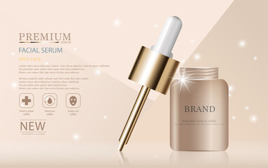 Hydrating facial serum for annual sale or festival sale. silver and gold serum mask bottle isolated on glitter particles background. Graceful cosmetic ads, illustration EPS10.