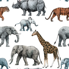 Beautiful stock seamless pattern with cute hand drawn safari giraffe elephant tiger monkey rhinoanimal pencil illustrations.