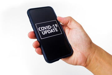Covid 19 news and alert on a smartphone screen (white background)