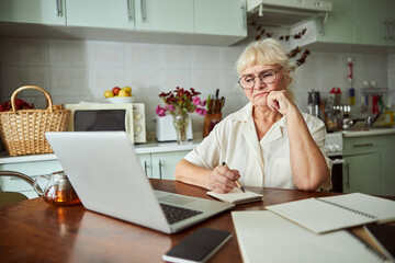 Displeased old woman working on laptop at home