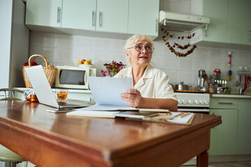 Nice old woman using modern laptop at home