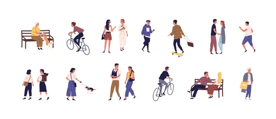 Fototapeta na wymiar Colorful collection of people spending time outdoors. Young and aged men and women walking, cycling, skateboarding, dating and rest on the benches. Vector illustration in flat cartoon style