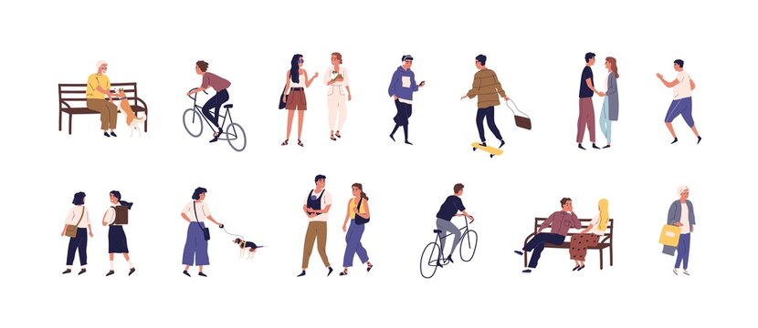 Colorful collection of people spending time outdoors. Young and aged men and women walking, cycling, skateboarding, dating and rest on the benches. Vector illustration in flat cartoon style