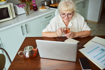 Lovely old woman drinking tea and using laptop at home