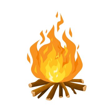 Burning campfire or bonfire on wooden logs isolated on white background. Design element of flame on firewood. Orange cartoon blaze. Colorful flat vector illustration