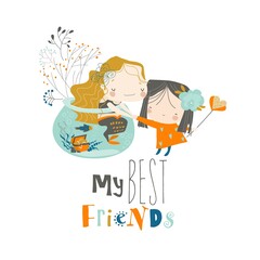 Cute mermaid and girl are best friends