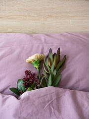 Fresh flowers dianthus, scimmia and leucadendron on a lilac pillow, wrapped in a warm lilac blanket in the morning light