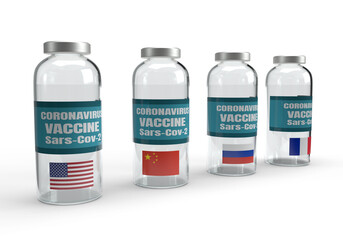 Coronavirus vaccine bottles concept with country flags on white background