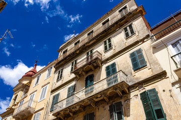 Fototapeta na wymiar Close up of vernacular buildings in Corfu town, Corfu island