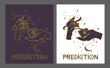 Logo for a tarot reader, print for souvenirs, a set of drawings about tarot card. Fortune telling on tarot cards, fortuneteller, witch, female hand, magic, love spell, occultism, prediction, esoteric