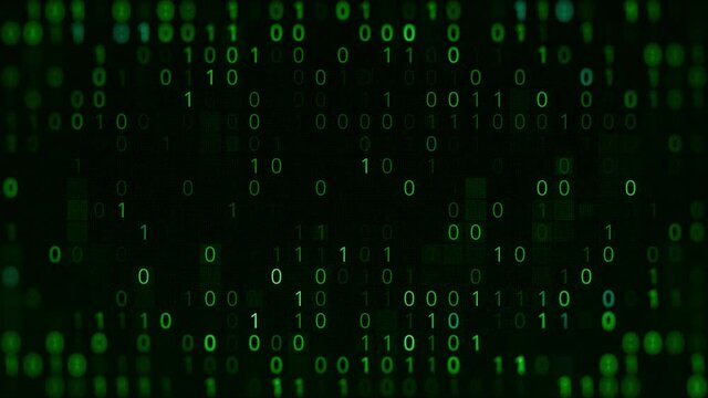 Green background of matrix with binary code. Animation. Set of binary code in matrix space. Matrix software in form of binary code. Code from zero and one in matrix