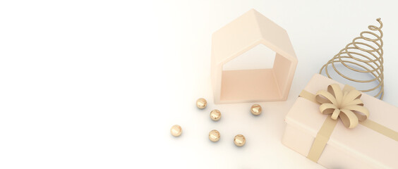 Happy New Year and Merry Christmas. Christmas tree with small house Golden sphere ball, a gift box, and a white background. Christmas set objects. poster, banner, flyer, brochure, 3D Rendering