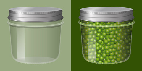 Deux illustrations vectorielles 3D - 1 bocal vide et 1 bocal rempli de petits pois pour une conservation longue duré.